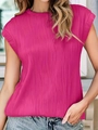 Women's rose red pleated round neck top with fine vertical textured cap sleeve design - Rose Red