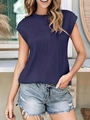 Short sleeve pleated top in deep blue with elegant textured fabric and round neck - Navy Blue