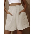 Women's high waist cotton linen shorts with large patch pockets in light beige - S / Beige