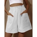 Women's high waisted white cotton linen shorts with paperbag waist and pockets - S / White