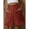 Damen Baumwolle Leinen Shorts mit hoher Taille und Paperbag-Bund in modischem Ziegelrot - S / Orange