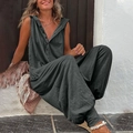 Detail of dark grey sleeveless hooded jumpsuit with button neck and drop crotch design - S / Dark Gray