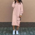 Detail of pink long sleeve hoodie dress with drawstring hood and side slit tie accents - Pink