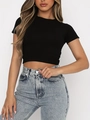 Detail of a slim fit black cropped t-shirt with a round neck and soft cotton texture - S / Black