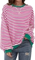 Dettaglio della maglia a righe rosa con scollo a coste verde e cucitura a V frontale - Taglia S / Top / Rosso rosa