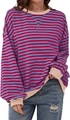 Detailaufnahme von rot-blau gestreiftem Langarmshirt mit cremefarbenem Ripp-Rundhalsausschnitt - S / Oberteile / Lila