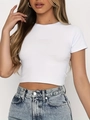 Gros plan du t-shirt blanc court et moulant avec col rond doux et tissu en coton respirant - Blanc