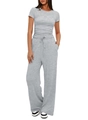 Detail of grey short sleeve top with side pleats and high waist drawstring trousers - Light Gray
