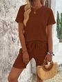 Detail of brown pleated fabric texture on summer t-shirt and drawstring shorts set - S / Top And Bottom / Coffee