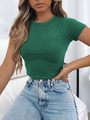 Slim fit emerald green crop top T-shirt with round neck in soft cotton blend fabric - S / Green