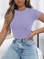 Short lavender slim-fit crewneck crop top tee paired with light blue denim jeans - S / Lavender
