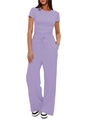 Women's two-piece lavender leisure set with short sleeve top and drawstring wide-leg pants - XS / Lavender