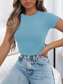 Slim fit light blue short sleeve crop top with a classic round neck in summer style - S / Lake Blue