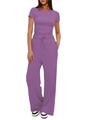 Women's casual purple two-piece set featuring short sleeve top and wide leg pants - Purple