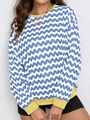 Damen-Sweatshirt mit Wellenmuster, blau-weißem Print und gelben Rippbündchen am Rundhals - 3XL / Himmelblau