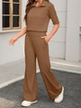 Detail of camel brown two-piece lounge set with polo collar top and wide-leg trousers - Khaki