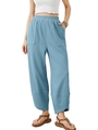 Women's light blue casual pants with elastic waist and stylish side slit ankles - Light Blue