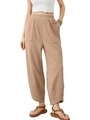 Women's khaki wide-leg casual pants with elastic high waist and unique curved overlapping hem - Khaki