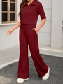 Damen Freizeit-Set in Burgund mit Revers-Kurzarm-Oberteil und weiter Hose, zweiteilig - S / Burgunderrot