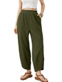 Olive green high waist wide leg pants with elastic waist and petal overlap hem for women - 3XL / Army Green