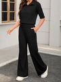 Schwarzes Damen-Freizeitset mit Polo-Kurzarm-Top und Hose mit weitem Bein im Set - S / Schwarz
