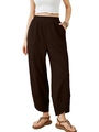 Women's dark brown wide-leg casual pants with elastic high waist and pocket detail - 3XL / Coffee