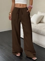Detail of high waisted wide leg pants in brown textured fabric with drawstring waist - S / Bottoms / Dark Brown
