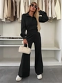 Chic black two-piece lounge set with polo neck top and elastic wide-leg trousers detail - Black