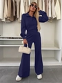Dunkelblaues Loungewear-Set mit Langarm-Poloshirt und hoch taillierter weiter Hose - S / Marineblau