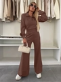 Damen 2-Teiler Lounge-Set mit dunkelbraunem Revers-Langarmtop und weiter Hose - S / Kaffeebraun