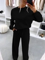Women's black two-piece lounge set with long-sleeve crewneck top and wide-leg trousers - S / Black