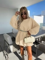 Beige oversized long-sleeve sweatshirt dress with skinny waist belt for women - Apricot