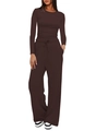 Detail of high-stretch brown knit fabric on long-sleeve top and wide-leg trousers set - Brown