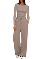 Detailed view of the drawstring waist and fluid fabric of this taupe lounge set - XS / Top And Bottom / Khaki