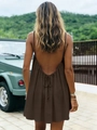 Mini-robe dos nu en coton et lin marron pour femme avec bretelles et lacets au dos - S / Robes / Vert foncé