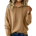 Detail view of brown hooded sweater with drawstring hood and ribbed knit cuffs - S / Tops / Khaki