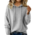 Detail of grey hooded knit sweater with adjustable drawstrings and ribbed cuffs - S / Tops / Gray