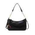 Glossy black patent leather underarm bag with chain strap and red cherry charm decor - Black With Pendant