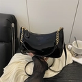Glossy black patent leather hobo bag with gold chain strap for women in urban style - Black without Pendant