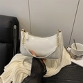 Glossy white crescent underarm bag with gold chain and patent leather finish - White Without Pendant
