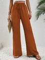 Women's high waist wide leg pants with drawstring in caramel brown textured fabric - Orange Red