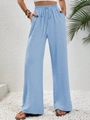 Women's light blue wide leg trousers with elastic waist and drawstring design - Light Blue