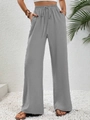 Women's high waist wide leg floor-length trousers in light grey with elastic drawstring - Gray