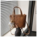 Brown PU leather bucket bag with SMNL embossed icons and a white plush toy charm - With Pendant / Brown