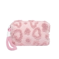 Pink plush tote bag with heart leopard pattern and comfortable carry handle - Light Pink