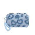 Fleece travel storage bag with blue heart leopard print and plush wrist handle - Blue
