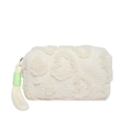 Cute white plush makeup bag with embossed texture and green woven zipper pull - White