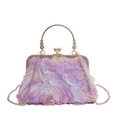 Borsa da sera viola con petali 3D, manico in metallo dorato e tracolla a catena - Viola