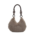 Plush brown faux fur tote bag with stylish beaded wooden handle for autumn and winter - Brown