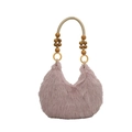 Chic dusty pink faux fur handbag with bohemian beaded handle and large capacity - Pink